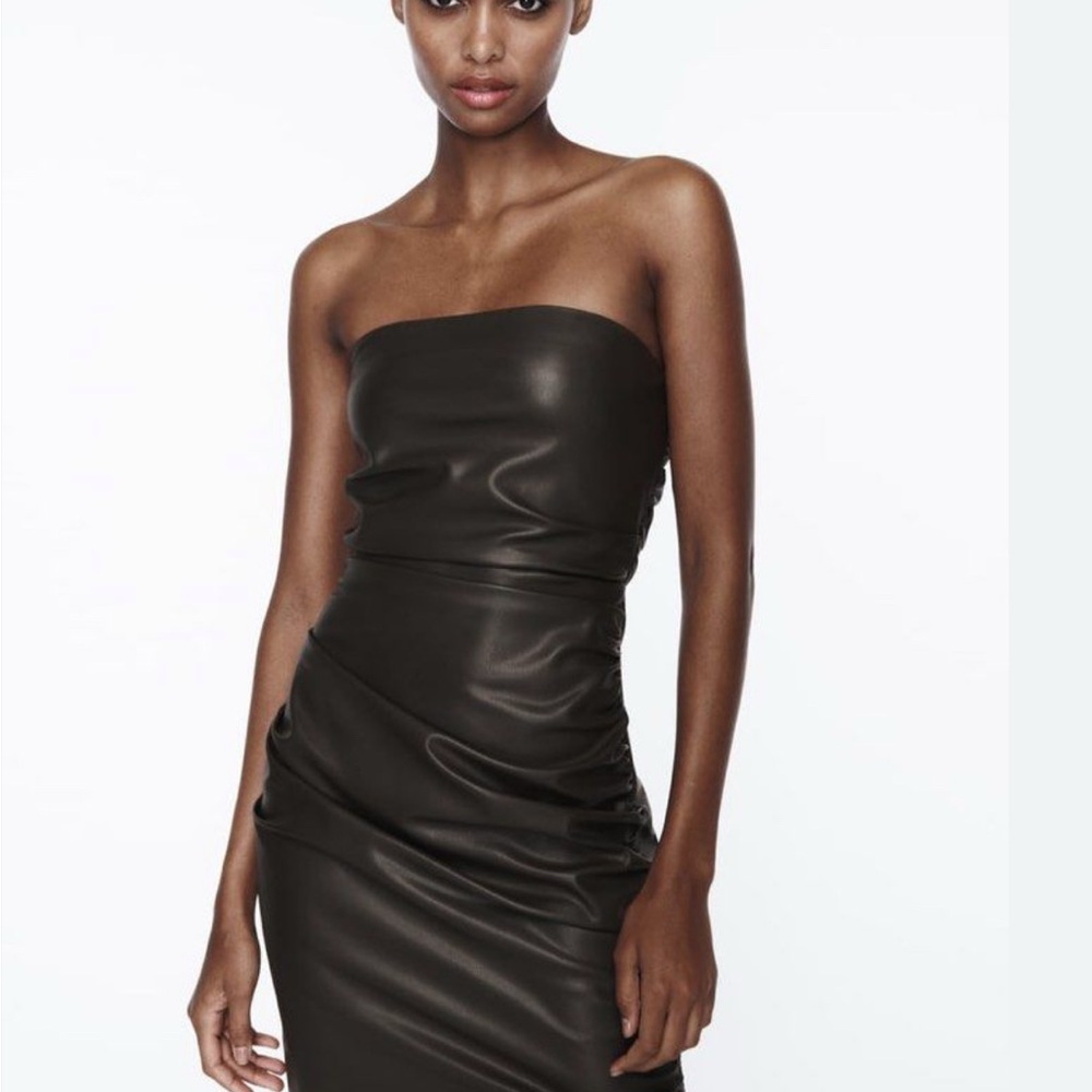 Zara Brown Strapless Leather Dress